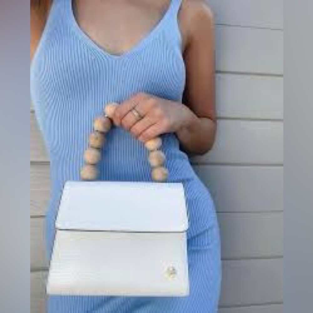 Olga Berg White Crossbody with Wooden Bead Top Handle
